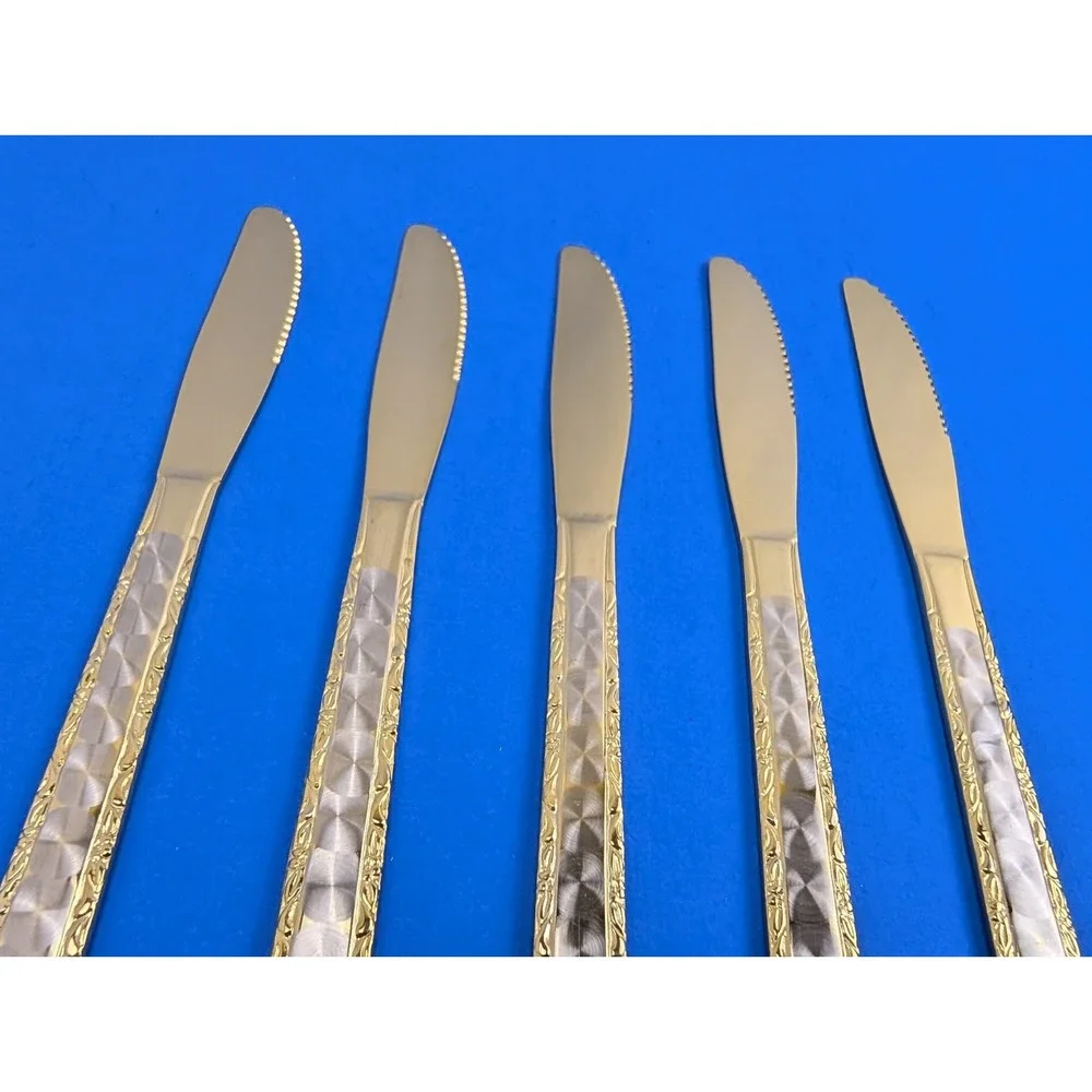 Vintage Stainless Steel Japan Silver Gold Tone Floral Butter Knife Set of 5